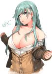  1girl aqua_eyes aqua_hair bangs blazer breasts brown_jacket cleavage dated eyebrows_visible_through_hair happa_(cloverppd) highres huge_breasts jacket kantai_collection lips long_hair no_bra off_shoulder open_clothes open_mouth remodel_(kantai_collection) shirt signature simple_background solo suzuya_(kantai_collection) upper_body white_background white_shirt 