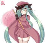  1girl artist_logo bangs beige_legwear black_gloves black_ribbon brown_headwear commentary_request cosplay cowboy_shot dated gloves green_eyes green_hair hair_between_eyes hair_ornament hair_ribbon hairclip hat hatsune_miku hatsune_miku_(cosplay) highres kanon_(kurogane_knights) kantai_collection long_hair looking_at_viewer military military_uniform parted_bangs peaked_cap ponytail ribbon senbon-zakura_(vocaloid) sidelocks simple_background solo standing thighhighs twintails uniform very_long_hair white_background yamakaze_(kantai_collection) 