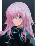  1girl absurdres bangs black_jacket blue_eyes collared_jacket commentary english_commentary eyebrows_visible_through_hair eyes_visible_through_hair hair_over_one_eye highres jacket long_hair looking_at_viewer nijisanji parted_lips pink_hair smile solo upper_body upper_teeth virtual_youtuber yuki_maccha_(yukimattya10) yuuhi_riri 