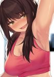  1girl armpits bangs bare_arms blush breasts brown_eyes cccpo cleavage collarbone commentary_request eyebrows_visible_through_hair face highres large_breasts long_hair looking_at_viewer open_mouth original pink_shirt shirt solo sweat 