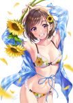  1girl armpits arms_up ass_visible_through_thighs bare_shoulders blue_shirt blurry bow bow_bra bow_panties bra breasts brown_hair cleavage collarbone cowboy_shot floral_print flower grin hair_flower hair_ornament highres holding holding_flower lace lingerie long_sleeves looking_at_viewer medium_breasts morikura_en nail_polish navel off_shoulder open_clothes open_shirt original panties petals plaid plaid_shirt print_bra print_panties red_eyes shirt short_hair signature smile solo stomach sunflower sunflower_hair_ornament sunflower_print thigh_gap thighs underwear white_bra white_panties yellow_flower yellow_nails 