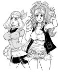  2girls :d bandana baseball_cap bb_(baalbuddy) big_hair bike_shorts breasts cleavage commentary covered_nipples cowboy_shot english_commentary greyscale hand_up hat high_ponytail highres instant_loss_2koma jacket large_breasts may_(guilty_gear) monochrome multiple_girls open_clothes open_jacket open_mouth pokemon pokemon_(anime) ponytail pouch shirt short_shorts shorts simple_background sleeveless sleeveless_jacket smile standing touko_(pokemon) white_background wristband 