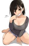  1girl :d barefoot black_hair blush breasts brown_eyes cleavage earrings highres jewelry kirikirimai_(kkm) large_breasts long_hair mask open_mouth original shorts sitting smile solo thighs wariza 