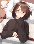  1girl bed black_sweater blush brown_eyes brown_hair commentary_request dutch_angle highres kapatarou long_sleeves looking_at_viewer lying nose_blush on_back original parted_lips pillow short_hair sick sleeves_past_wrists solo stuffed_animal stuffed_toy sweater teddy_bear under_covers upper_body 