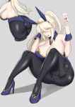  1girl ahoge animal_ears artoria_pendragon_(all) artoria_pendragon_(lancer_alter) artoria_pendragon_(swimsuit_ruler)_(fate) artoria_pendragon_(swimsuit_ruler)_(fate)_(cosplay) ass aster_crowley back bangs bare_shoulders blonde_hair blush braid breasts bunny_ears cleavage collarbone cosplay detached_collar fate/grand_order fate_(series) fishnet_legwear fishnets french_braid grey_background hair_between_eyes high_heels highres holster knees_up large_breasts leotard long_hair looking_at_viewer multiple_views necktie pantyhose ponytail sidelocks simple_background sitting thigh_strap tiara wrist_cuffs 