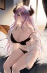  1girl absurdres bare_shoulders black_bra black_panties blue_eyes blush bra braid breasts cleavage commentary_request commission frown gloves granblue_fantasy hair_ornament hair_over_one_eye highres horns indoors large_breasts lavender_hair long_hair looking_at_viewer mingakk narmaya_(granblue_fantasy) off-shoulder_shirt off_shoulder on_bed open_clothes open_shirt panties pointy_ears shirt sitting solo underwear white_shirt 