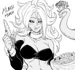  1girl :t android_21 bb_(baalbuddy) big_hair bikini black_sclera blush bracelet carrot cauliflower dark_skin detached_sleeves dragon_ball dragon_ball_super earrings eating fingernails food food_on_face greyscale hand_up highres holding holding_vegetable hoop_earrings jewelry long_hair long_sleeves majin_android_21 monochrome nail_polish prehensile_tail salad simple_background solo sound_effects swimsuit tail white_background 