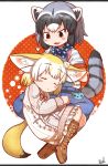 2girls =3 alternate_costume animal_ears beige_dress blonde_hair blue_hair blue_neckwear blush boots bow bowtie brown_footwear closed_eyes commentary_request common_raccoon_(kemono_friends) cross-laced_footwear curled_up denim dress extra_ears eyebrows_visible_through_hair fang fennec_(kemono_friends) fox_ears fox_girl fox_tail frilled_dress frills grey_hair hand_on_another&#039;s_head highres jeans kemono_friends kemono_friends_3 long_sleeves multiple_girls neckerchief open_mouth pants raccoon_ears raccoon_girl raccoon_tail rakugakiraid red_neckwear short_hair short_sleeves sitting sleeping spots striped tail white_dress white_hair 