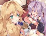  2girls :o ;d azur_lane blonde_hair breasts brown_gloves cleavage detached_collar dog gloves green_eyes grenville_(azur_lane) highlights large_breasts le_temeraire_(azur_lane) long_hair multicolored_hair multiple_girls one_eye_closed open_mouth pink_hair purple_gloves red_eyes smile tonchinkan very_long_hair 