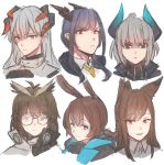  6+girls amiya_(arknights) animal_ears arknights blue_hair brown_hair ch&#039;en_(arknights) dragon_horns fox_ears franka_(arknights) glasses grey_hair highres hinagi_(fox_priest) horns liskarm_(arknights) multiple_girls necktie owl_ears saria_(arknights) silence_(arknights) 