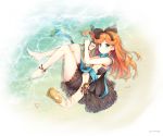 1girl bangs bare_arms bare_legs bare_shoulders barefoot black_dress black_hairband black_ribbon blue_eyes blush brown_hair closed_mouth commentary_request conch dress full_body granblue_fantasy hair_ribbon hairband highres knees_up kusunoki_(escude) long_hair lying on_side ribbon sara_(granblue_fantasy) shallow_water smile solo twitter_username very_long_hair water 