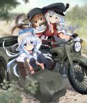  3girls absurdres black_bow black_gloves black_headwear black_legwear black_sailor_collar black_skirt blue_eyes blue_shawl blurry bow brown_eyes brown_hair commentary_request day depth_of_field facial_scar field flat_cap gangut_(kantai_collection) gloves grey_hair ground_vehicle hair_bow hammer_and_sickle hat hibiki_(kantai_collection) highres hizuki_yayoi jacket jacket_on_shoulders kantai_collection long_hair looking_at_viewer low_twintails motor_vehicle motorcycle multiple_girls outdoors pantyhose papakha peaked_cap red_shirt remodel_(kantai_collection) ribbon_trim riding sailor_collar scar scar_on_cheek scarf school_uniform serafuku shawl shirt short_sleeves sidecar silver_hair skirt tashkent_(kantai_collection) thighhighs torn_scarf tricycle twintails v vehicle_request verniy_(kantai_collection) white_headwear white_jacket white_scarf 