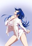  absurdres axia-chan bare_legs blue_hair breasts ciel dancing earrings elesia fingernails head_back highleg_shorts highres jacket jewelry legs lips long_fingernails long_hair medium_breasts nail_polish open_clothes open_jacket open_mouth red_eyes see-through sharp_fingernails short_shorts shorts tassel teenage tsukihime white_jacket white_shorts 