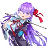  1girl bb_(fate)_(all) bb_(fate/extra_ccc) black_coat breasts coat eyebrows_visible_through_hair fate/extra fate/extra_ccc fate/grand_order fate_(series) gloves hair_ribbon holding holding_wand large_breasts long_hair looking_at_viewer neck_ribbon popped_collar purple_eyes purple_hair red_ribbon ribbon riding_crop robina very_long_hair wand white_gloves 