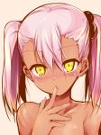  1girl blush chloe_von_einzbern dark_skin highres long_hair looking_at_viewer pink_hair sen_(astronomy) solo twintails yellow_eyes 