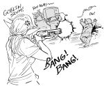  1girl 3boys aiming anger_vein bb_(baalbuddy) blood blood_splatter commentary elf english_commentary english_text firing goblin greyscale gun highres holding holding_gun holding_weapon long_hair monochrome multiple_boys original pointy_ears rioting shirt short_sleeves shotgun simple_background television weapon white_background 