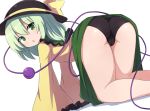  1girl all_fours ass bare_legs black_headwear black_panties bow from_behind green_eyes green_hair green_skirt hat hat_bow komeiji_koishi long_hair long_sleeves looking_at_viewer looking_back panties rizento shirt simple_background skirt sleeves_past_fingers sleeves_past_wrists solo third_eye touhou underwear white_background yellow_bow yellow_shirt 