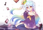  1girl bare_shoulders blue_hair blue_legwear card checkered checkered_floor chess_piece crown eyebrows_visible_through_hair green_hair hair_between_eyes kuaua long_hair looking_at_viewer multicolored_hair no_game_no_life off_shoulder school_uniform serafuku shiro_(no_game_no_life) solo thighhighs yellow_eyes 