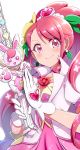  1girl closed_mouth commentary_request cure_grace gloves hanadera_nodoka healin&#039;_good_precure heart highres konboi-eg long_hair looking_at_viewer magical_girl pink_eyes pink_hair precure rabirin_(precure) rise simple_background smile tiara white_background white_gloves 