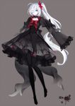  black_dress black_legwear bow closed_mouth collarbone darkrai dress eyebrows_visible_through_hair flat_chest hair_over_one_eye highres long_hair looking_at_viewer merlusa nervous pantyhose personification pokemon red_bow side_ponytail silver_hair very_long_hair 