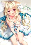  1girl :d animal_ears bangs bare_arms bare_shoulders bed_sheet between_legs blonde_hair blue_bow blue_ribbon blush bow bow_panties breasts cameltoe cat_ears cat_girl cat_tail cleavage collarbone commentary_request dress eyebrows_visible_through_hair fang flower frilled_dress frills hair_between_eyes hair_flower hair_intakes hair_ornament hair_ribbon hand_between_legs large_breasts long_hair looking_at_viewer low_twintails navel open_mouth original panties red_eyes ribbon sazaki_ichiri sitting smile solo tail tail_bow twintails underwear very_long_hair white_dress white_flower white_panties 