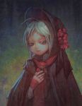  1girl ahoge bangs black_cape black_headwear bloodborne cape closed_mouth flower grey_eyes grey_hair hat hat_flower highres long_hair long_sleeves looking_at_viewer parted_bangs plain_doll red_flower solo upper_body zhengyifan7 