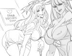  2girls :q bangs bb_(baalbuddy) blunt_bangs breasts cleavage covered_nipples dual_persona english_text garter_straps greyscale hat head_wings heart_cutout highres holding holding_syringe large_breasts leaning_forward licking_lips long_hair looking_at_viewer monochrome morrigan_aensland multiple_girls nurse nurse_cap parted_lips smile syringe thighhighs tongue tongue_out vampire_(game) you_gonna_get_raped 