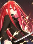  1girl alastor_(shakugan_no_shana) asutora eyebrows_visible_through_hair fire hair_between_eyes holding holding_sword holding_weapon jewelry katana long_hair long_sleeves looking_afar pendant red_eyes red_hair shakugan_no_shana shana solo sword weapon 