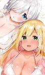  2girls :o absurdres bangs bare_shoulders bikini blonde_hair blue_eyes blush breasts cleavage commentary_request eyebrows_visible_through_hair flower green_eyes hair_flower hair_ornament hairclip highres large_breasts long_hair looking_at_viewer multiple_girls open_mouth original rouka_(akatyann) silver_hair smile swimsuit white_bikini white_flower 