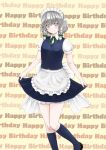  1girl apron black_footwear blue_eyes blue_legwear blue_skirt blue_vest blush bosutonii braid commentary_request curtsey english_text eyebrows_visible_through_hair feet_out_of_frame hair_between_eyes hair_ribbon happy_birthday head_tilt highres izayoi_sakuya kneehighs leg_lift light_smile looking_at_viewer maid_headdress petticoat puffy_short_sleeves puffy_sleeves ribbon shiny shiny_hair shirt short_hair short_sleeves silver_hair skirt skirt_hold solo standing standing_on_one_leg touhou tress_ribbon twin_braids vest waist_apron wall_of_text white_shirt yellow_background 