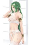  1girl arm_behind_head armlet bangs bare_shoulders bra bracelet breasts choker cleavage closed_mouth english_commentary garter_belt garter_straps goddess green_eyes green_hair j@ck jewelry kid_icarus kid_icarus_uprising lace lace-trimmed_legwear lace_bra large_breasts long_hair navel palutena panties parted_bangs see-through sideboob standing thighhighs thighs twintails underwear very_long_hair white_bra white_panties window 