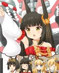  4girls :d ^_^ animal_ear_fluff animal_ears azur_lane bangs bare_shoulders black_hair black_hairband blonde_hair blue_eyes blush bow closed_eyes commentary_request crown cup detached_sleeves dress emphasis_lines eyebrows_visible_through_hair flat_screen_tv fork fox_ears gloves hair_bow hair_ears hair_ornament hairband headgear headpiece holding holding_cup holding_fork japanese_clothes kimono long_hair long_sleeves machinery miicha mini_crown multiple_girls mutsu_(azur_lane) nagato_(azur_lane) open_mouth outstretched_arm queen_elizabeth_(azur_lane) red_dress short_hair sleeveless sleeveless_kimono smile sparkle steam strapless strapless_dress striped striped_hairband sunburst sunburst_background television thought_bubble tilted_headwear twitter_username v-shaped_eyebrows warspite_(azur_lane) white_bow white_gloves white_kimono white_sleeves wide_sleeves yellow_eyes 