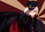  1boy absurdres adjusting_clothes adjusting_hat bell black_cloak black_shirt braid cio_hakatano cloak commentary gloves hair_bell hair_ornament hat highres iori_yuzuru male_focus military_hat school_uniform shirt smile sunburst sunburst_background voiceroid white_gloves white_hair yellow_eyes 