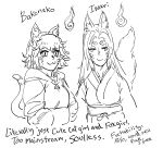  2girls :3 animal_ears bakeneko bb_(baalbuddy) cat_ears cat_tail character_name closed_eyes closed_mouth commentary english_commentary english_text fox_tail greyscale hands_in_opposite_sleeves highres inari long_hair monochrome multiple_girls original simple_background slit_pupils smi smile tail whisker_markings white_background youkai 