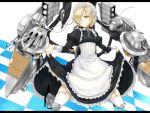  1girl apron azur_lane azure_luna black_dress blonde_hair boots braid bustier chain checkered checkered_background closed_mouth collar dress eyelashes french_braid frilled_dress frills full_body garter_straps hair_over_one_eye hair_ribbon high_heel_boots high_heels highres invisible_floor juliet_sleeves knee_boots kneeling letterboxed lifted_by_self long_sleeves looking_at_viewer maid maid_apron maid_headdress metal_boots metal_collar poleyn puffy_sleeves ribbon rigging sabaton sheffield_(azur_lane) skirt skirt_lift solo thighhighs tsurime turret white_legwear white_ribbon wrist_cuffs yellow_eyes 