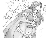 1girl 3boys bangs bb_(baalbuddy) blunt_bangs bodysuit book bracelet bridal_gauntlets cape commentary covered_navel diadem english_commentary fire_emblem fire_emblem_awakening greyscale highres holding holding_book jewelry long_hair monochrome multiple_boys parted_lips tharja_(fire_emblem) you_gonna_get_raped 