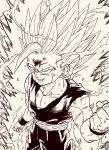  1boy aura blood blood_from_mouth blood_on_face bruise clenched_hand dougi dragon_ball dragon_ball_z highres injury lee_(dragon_garou) male_focus monochrome muscle nib_pen_(medium) smile solo son_gohan spiked_hair super_saiyan_2 toriyama_akira_(style) traditional_media wristband 