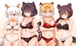  4girls :d animal_ears black_bra black_eyes black_hair black_jaguar_(kemono_friends) blonde_hair blush bow bow_bra bow_panties bra breasts brown_eyes closed_eyes collarbone extra_ears eyebrows_visible_through_hair hair_between_eyes jaguar_(kemono_friends) jaguar_ears jaguar_tail kemono_friends lace lace-trimmed_bra lace-trimmed_panties large_breasts long_hair malayan_tapir_(kemono_friends) medium_breasts multicolored_hair multiple_girls navel open_mouth panties red_bra short_hair simple_background skindentation smile southern_tamandua_(kemono_friends) standing string_panties tail tamandua_ears tamandua_tail tanaka_kusao tapir_ears underwear upper_teeth white_bra white_hair yellow_eyes 