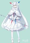  1girl ahoge brown_eyes closed_mouth eyebrows_visible_through_hair full_body gloves highres long_hair long_sleeves looking_at_viewer merlusa pantyhose personification pokemon pokemon_number smile solo togekiss white_footwear white_gloves white_hair white_legwear 