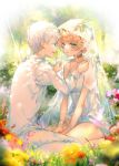  1boy 1girl :d bangs bare_arms bare_shoulders between_legs blonde_hair blue_eyes closed_mouth collarbone commentary_request day dress emma_(yakusoku_no_neverland) eye_contact eyebrows_visible_through_hair flower forest green_eyes hand_between_legs jacket kinokohime looking_at_another nature norman_(yakusoku_no_neverland) open_mouth outdoors pants pink_flower profile red_flower see-through short_hair silver_hair sitting sleeveless sleeveless_dress smile sunlight tree veil wariza white_dress white_jacket white_pants yakusoku_no_neverland yellow_flower 