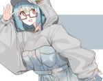  :d belt blue_dress blue_hair blue_ribbon bright_pupils copyright_request dress fingernails food hair_ribbon hamburger hand_up hood hood_up long_sleeves looking_at_viewer nekoume open_mouth puffy_long_sleeves puffy_sleeves red_eyes ribbon smile symbol_commentary waving 