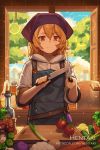  1girl alex_(dragalia_lost) apron artist_name bangs belt bird black_apron blonde_hair bottle brown_eyes carrot commentary cucumber cutting_board day dragalia_lost english_commentary eyebrows_visible_through_hair food fruit garlic hair_between_eyes head_scarf hentaki highres holding holding_knife hood hood_down hoodie indoors kitchen knife lemon lens_flare light_frown looking_at_viewer open_window patreon_username pot pouch salt_shaker sharpening short_sleeves solo sparks spring_onion standing tomato upper_body vegetable watermark web_address white_hoodie window 