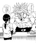  1boy 1girl abs blank_eyes broly commentary_request counter dragon_ball dragon_ball_z earrings hair_tie highres jewelry lee_(dragon_garou) legendary_super_saiyan low_ponytail monochrome muscle open_mouth shirtless translation_request vambraces 
