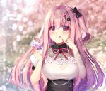  1girl bangs blurry blurry_background blush bow bowtie breasts cherry_blossoms commentary_request cream cream_on_face dress eyebrows_visible_through_hair finger_to_chin food food_on_face hair_between_eyes hair_bow hair_ornament highres holding holding_food lace lace-trimmed_dress long_hair looking_at_viewer macaron medium_breasts miharu_(ringo_sui) one_side_up original petals pink_eyes pink_hair red_neckwear ringo_sui shiny shiny_hair short_sleeves sidelocks smile solo tongue tongue_out 