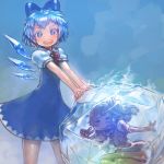  (9) 2girls blue_background blue_bow blue_dress blue_eyes blue_hair blue_nails blue_wings bow cirno commentary_request daiyousei dress frozen hair_bow highres ice ice_wings looking_at_viewer multiple_girls nail_polish one_side_up open_mouth pointy_ears puffy_short_sleeves puffy_sleeves short_hair short_sleeves skirt smile standing touhou v vest wings yst 