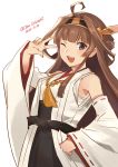  1girl ahoge bangs breasts brown_hair dated detached_sleeves double_bun eyebrows_visible_through_hair hairband headgear japanese_clothes kantai_collection kongou_(kantai_collection) long_hair nontraditional_miko one_eye_closed open_mouth purple_eyes ribbon-trimmed_sleeves ribbon_trim shiozaki_zoe simple_background solo twitter_username v white_background 