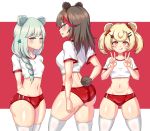  3girls :q absurdres alternate_costume animal_ears arknights arms_behind_back ass ass_visible_through_thighs bangs bear_ears bear_tail blonde_hair blue_eyes blush braid breasts brown_hair buruma commentary_request crop_top double_v eyebrows_visible_through_hair from_behind gummy_(arknights) gym_uniform hair_ornament hairclip highres istina_(arknights) korean_commentary long_hair medium_breasts midriff milssak multicolored_hair multiple_girls navel no_hat no_headwear open_mouth profile red_background red_buruma red_hair shirt short_hair short_sleeves silver_hair single_braid skindentation small_breasts star star_hair_ornament stomach streaked_hair tail thick_thighs thighhighs thighs tongue tongue_out twintails two-tone_background v white_background white_legwear white_shirt wolf_tail yellow_eyes zima_(arknights) 