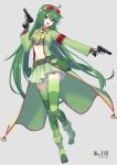  1girl blush boots breasts dual_wielding eyebrows_visible_through_hair fingerless_gloves flygon full_body gloves green_eyes green_footwear green_gloves green_hair green_legwear gun handgun highres holding holding_gun holding_weapon large_breasts long_hair long_sleeves looking_at_viewer merlusa navel necktie open_mouth personification pistol pokemon smile solo striped striped_legwear upper_teeth very_long_hair weapon 