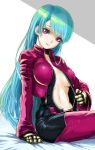  1girl anagumasan blue_hair bodysuit breasts gloves highres kula_diamond long_hair navel red_eyes the_king_of_fighters undressing zipper 