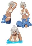  1girl absurdres ahoge bare_shoulders bikini blue_sarong breasts cleavage collarbone dark_skin fate/grand_order fate_(series) highres jeanne_d&#039;arc_(alter)_(fate) jeanne_d&#039;arc_(fate)_(all) large_breasts mabuxi multiple_views navel sarong short_hair silver_hair simple_background swimsuit water white_background white_bikini yellow_eyes 